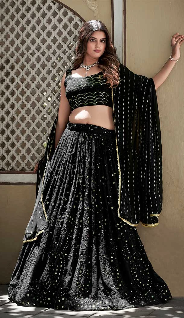 Party Wear Georgette Sequence Embroidery Work Designer Lehenga Choli In Black Color - 7134174469