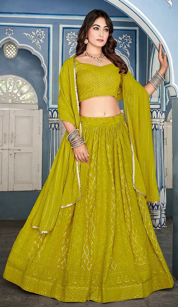 Party Wear Georgette Sequence Embroidery Work Designer Lehenga Choli In Mehendi Color - 7134174470