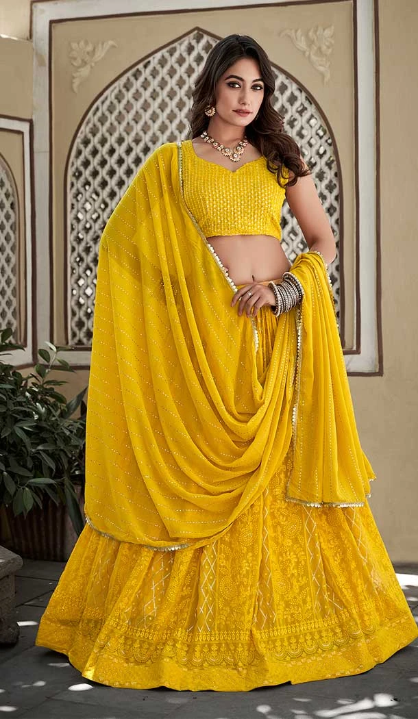 Party Wear Georgette Sequence Embroidery Work Designer Lehenga Choli In Yellow Color - 7134174472