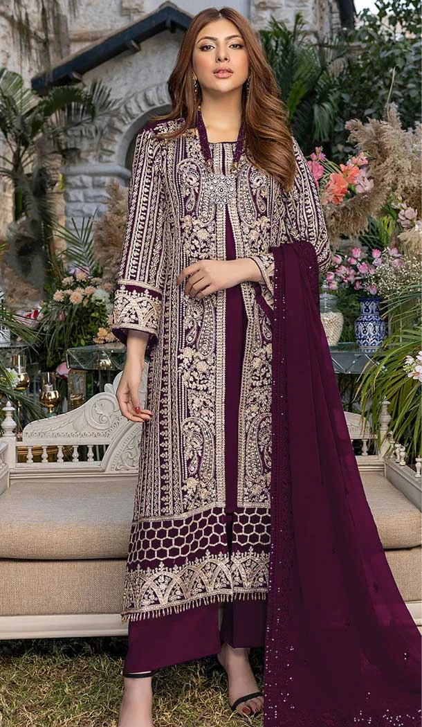 Wine Color Faux Georgette Sequence Embroidery Work Women Palazzo Salwar Suit - 7141174508