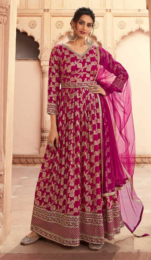 Traditional Wear Jacquard Silk Embroidery Work Anarkali Style Salwar Suit In Pink - 7142174510