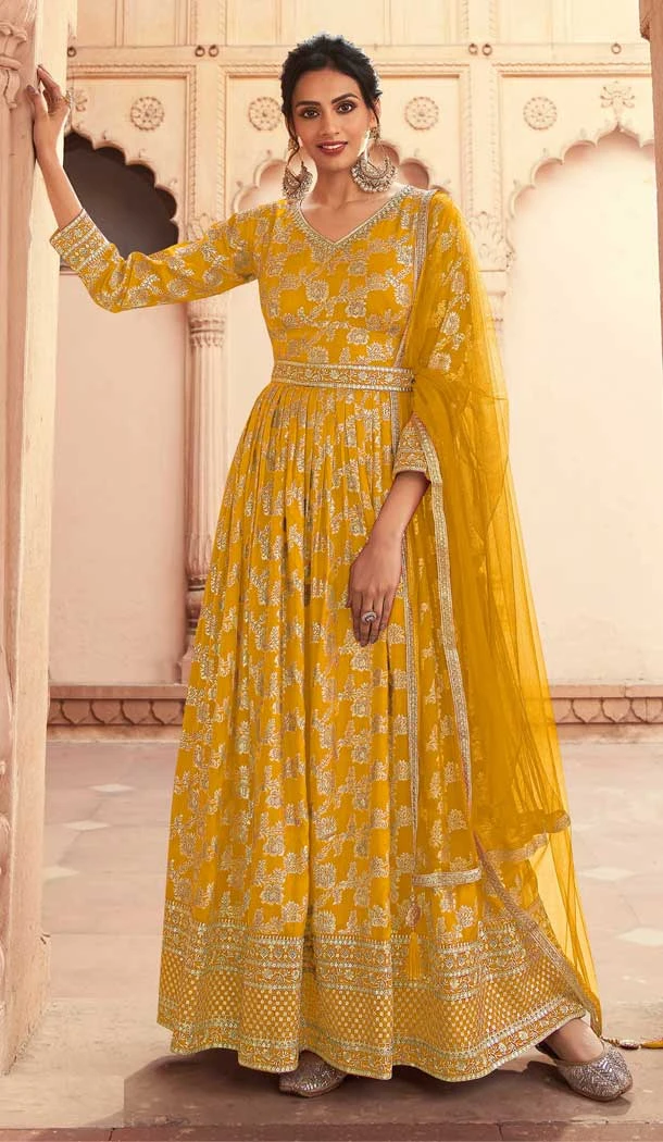 Traditional Wear Jacquard Silk Embroidery Work Anarkali Style Salwar Suit In Yellow - 7142174511