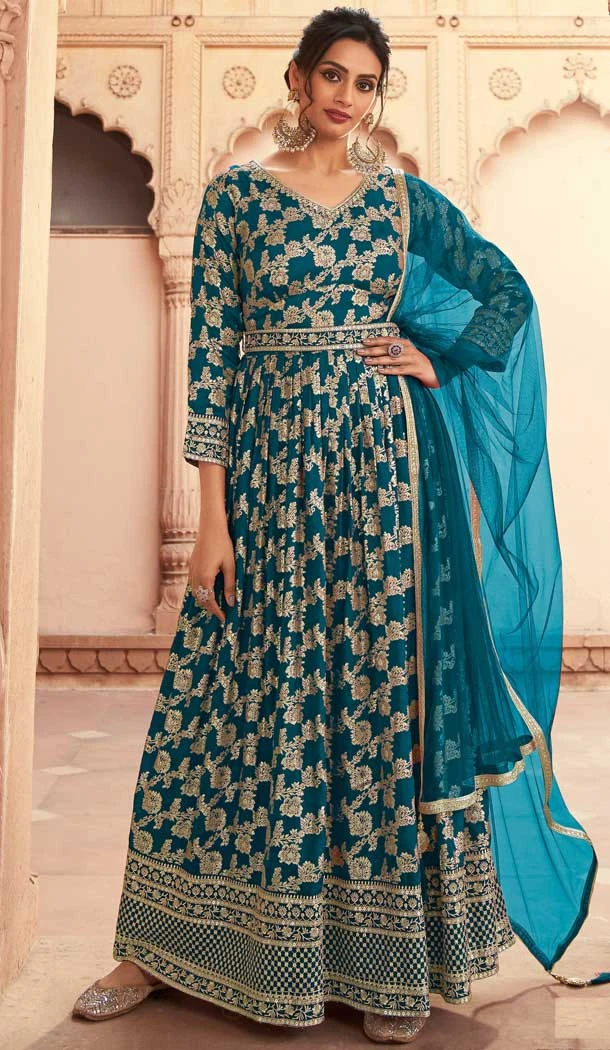 Traditional Wear Jacquard Silk Embroidery Work Anarkali Style Salwar Suit In Aqua Blue - 7142174512