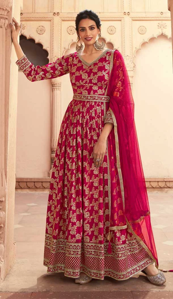 Traditional Wear Jacquard Silk Embroidery Work Anarkali Style Salwar Suit In Red - 7142174513