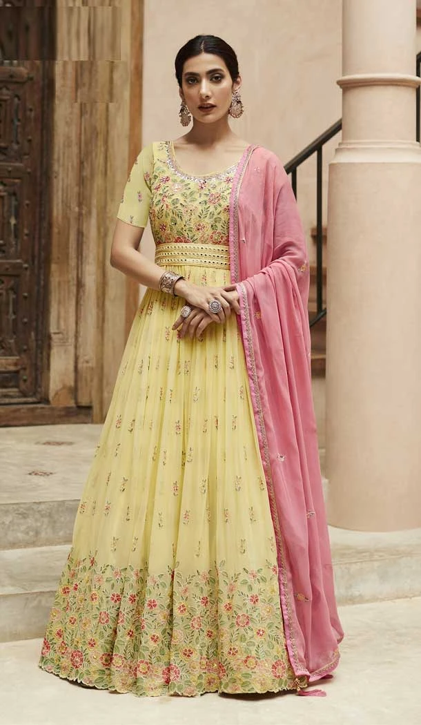 Faux Georgette Sequence Embroidery Work Anarkali Style Salwar Suit In Yellow - 7143174514