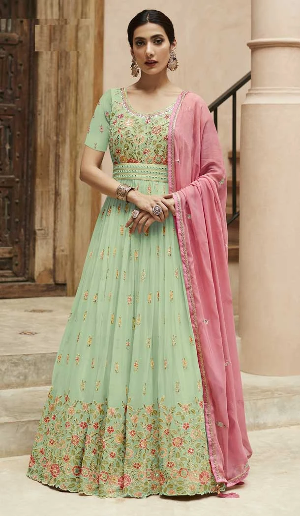 Faux Georgette Sequence Embroidery Work Anarkali Style Salwar Suit In Pista - 7143174515
