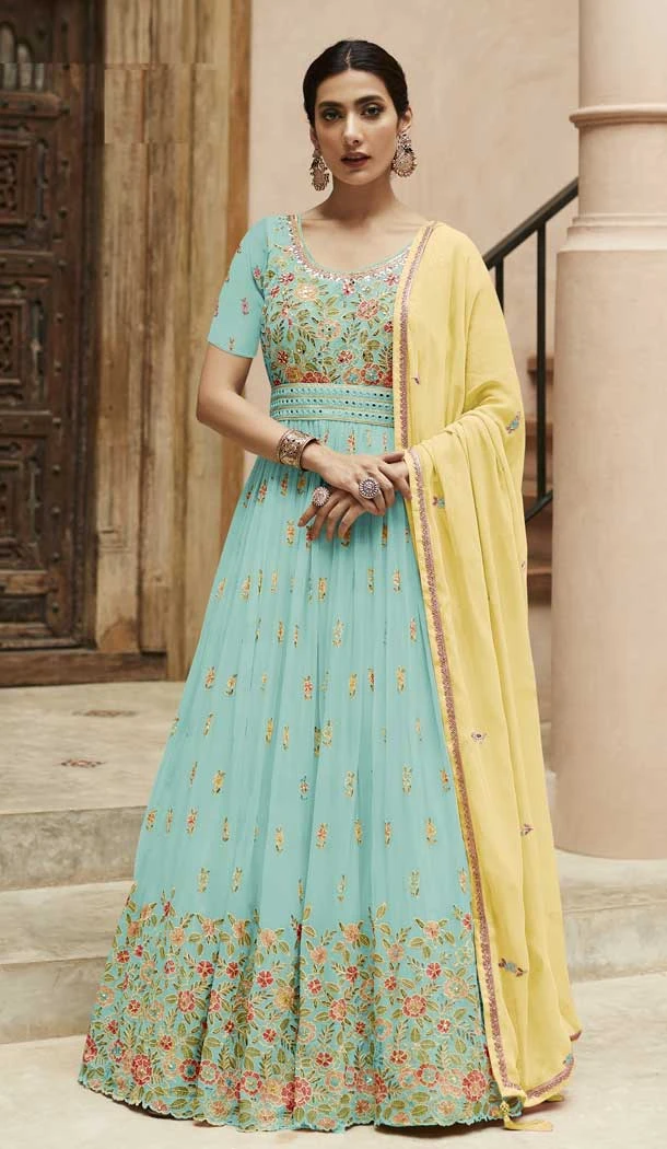 Faux Georgette Sequence Embroidery Work Anarkali Style Salwar Suit In Sky - 7143174516