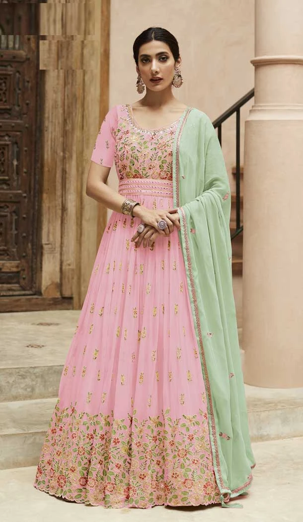 Faux Georgette Sequence Embroidery Work Anarkali Style Salwar Suit In Pink - 7143174517