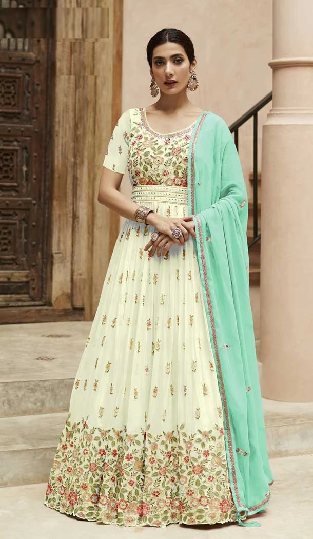 Faux Georgette Sequence Embroidery Work Anarkali Style Salwar Suit In Cream - 7143174518