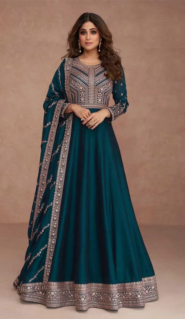 Traditional Wear Premium Silk Embroidery Work Anarkali Salwar Suit In Aqua Blue - 7144174519