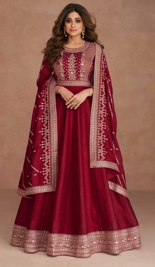 Traditional Wear Premium Silk Embroidery Work Anarkali Salwar Suit In Maroon - 7144174520
