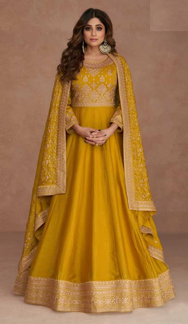 Traditional Wear Premium Silk Embroidery Work Anarkali Salwar Suit In Yellow - 7144174521