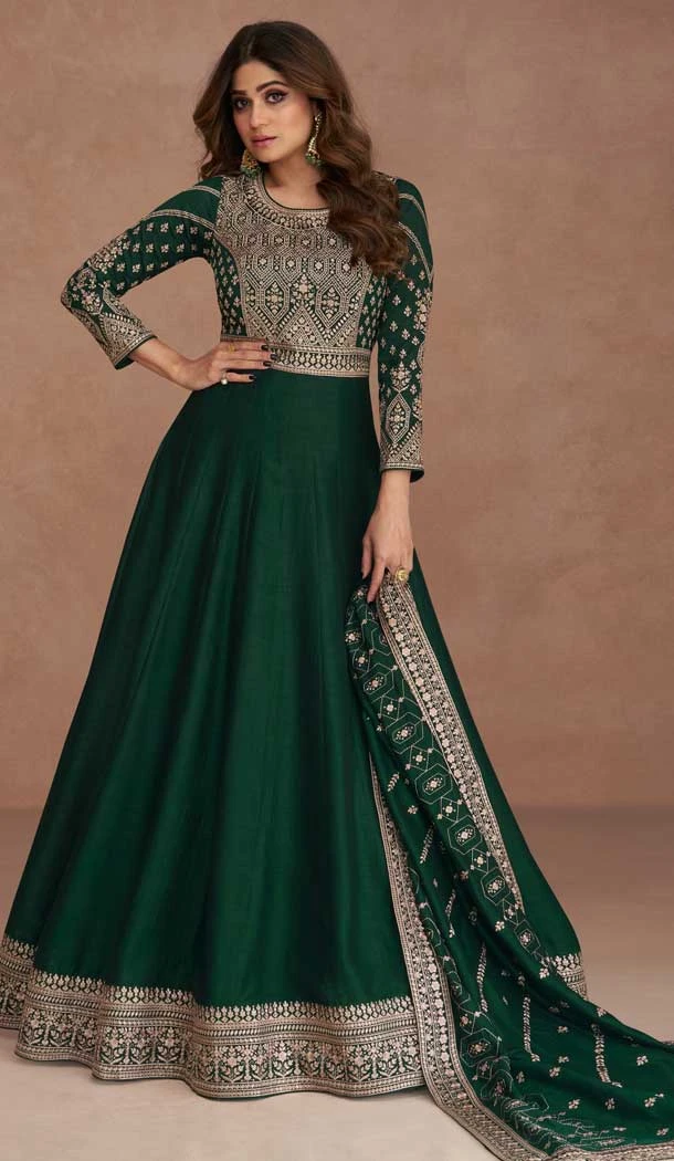 Traditional Wear Premium Silk Embroidery Work Anarkali Salwar Suit In Green - 7144174523