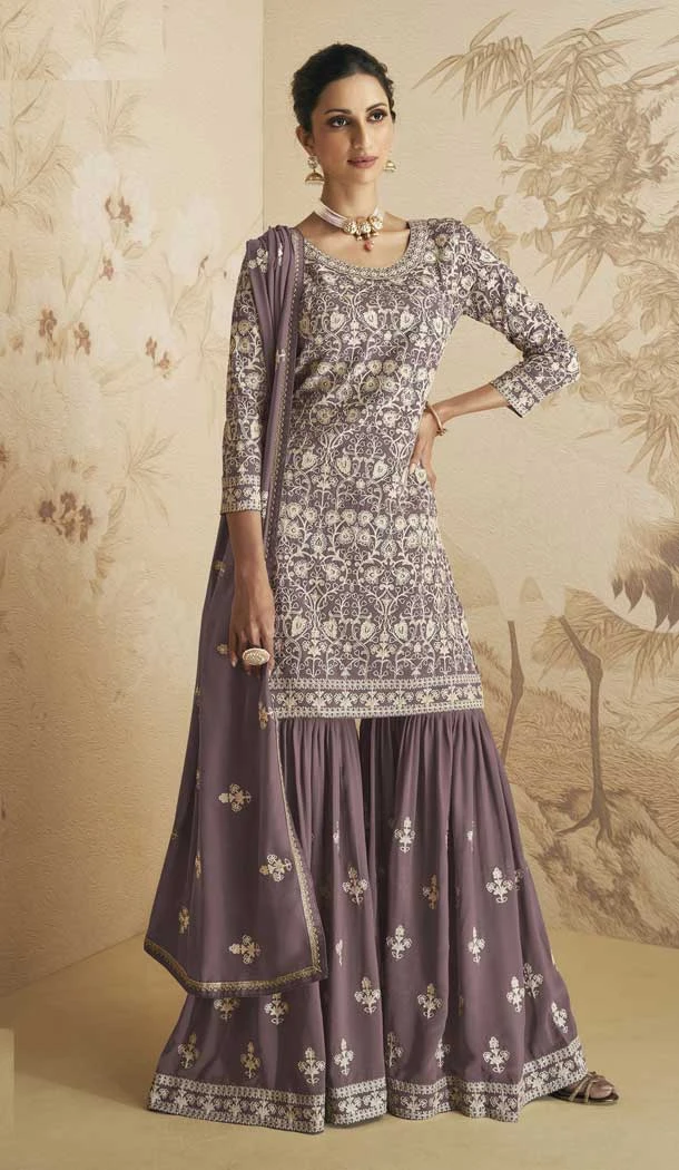 Mauve Color Faux Georgette Lucknowi Embroidery Work Function Wear Sharara Suit - 7145174524