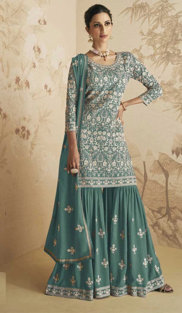 Green Color Faux Georgette Lucknowi Embroidery Work Function Wear Sharara Suit - 7145174525