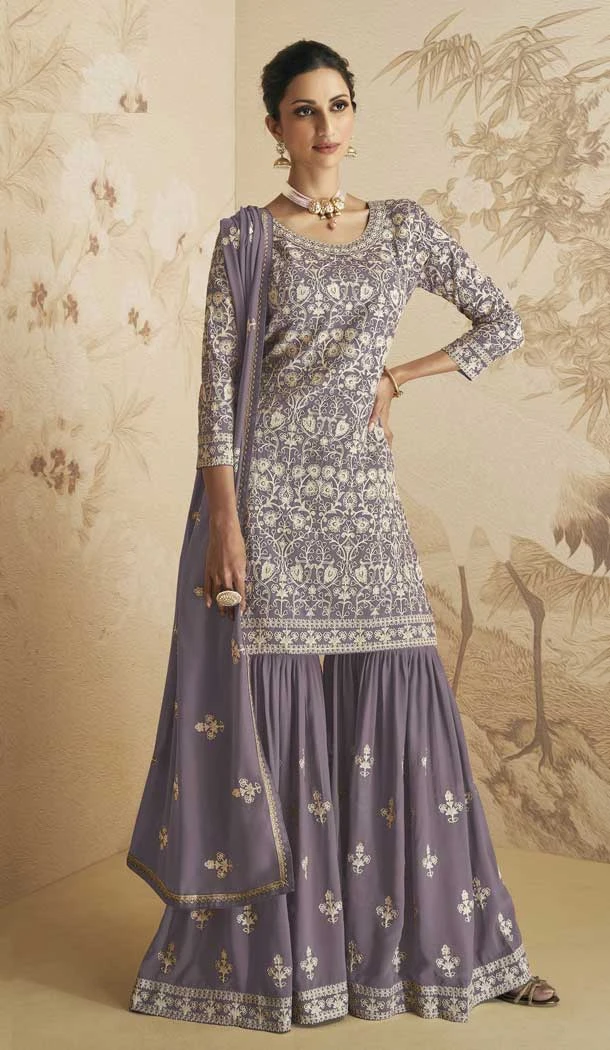Purple Color Faux Georgette Lucknowi Embroidery Work Function Wear Sharara Suit - 7145174526