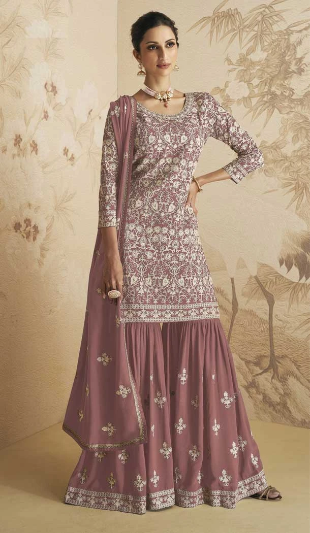 Peach Color Faux Georgette Lucknowi Embroidery Work Function Wear Sharara Suit - 7145174527
