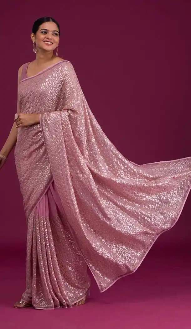 Designer Party Wear Soft Georgette Sequins Work Saree In Peach Pink -6884172972
