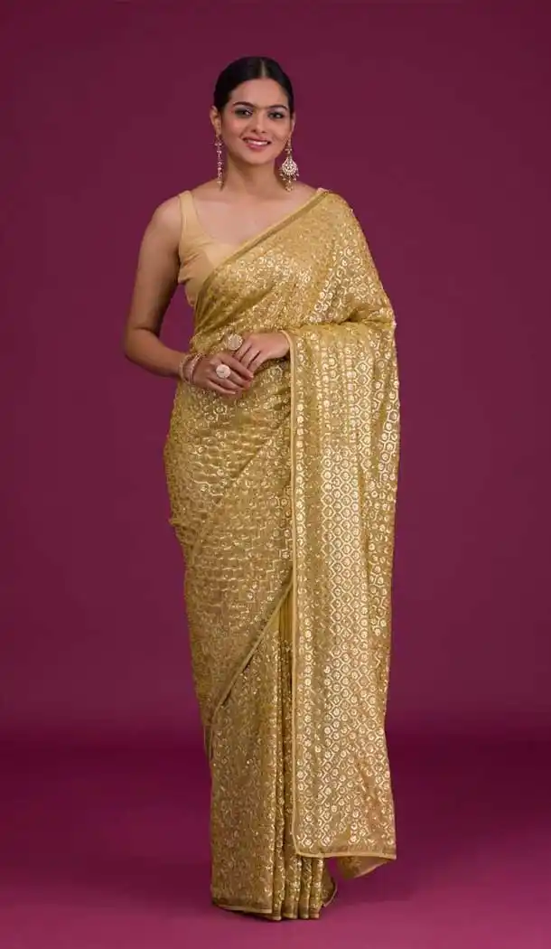 Designer Party Wear Soft Georgette Sequins Work Saree In Mustard Yellow -6884172974