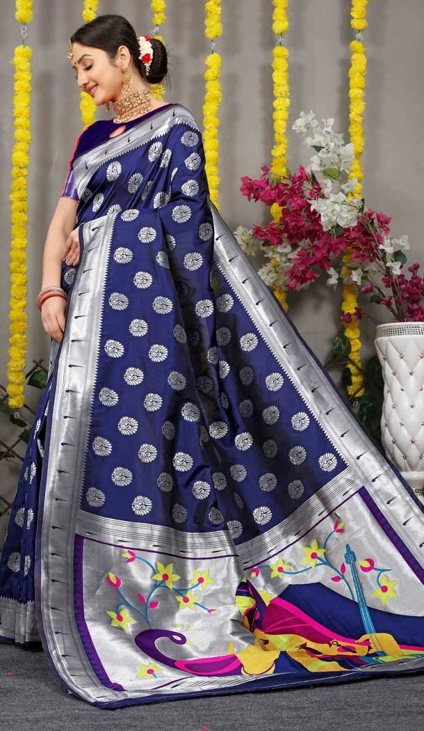 Traditional Function Wear Resham And Zari Work Banarasi Silk Saree In Navy Blue - 7155174597