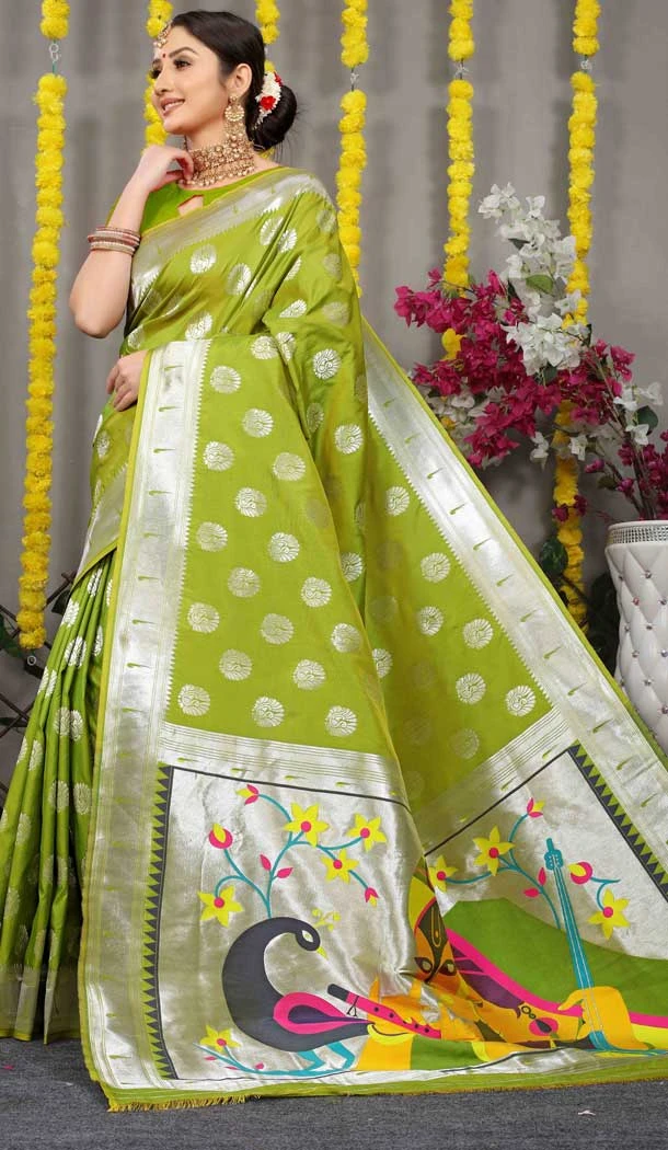 Traditional Function Wear Resham And Zari Work Banarasi Silk Saree In Mehendi Green - 7155174598