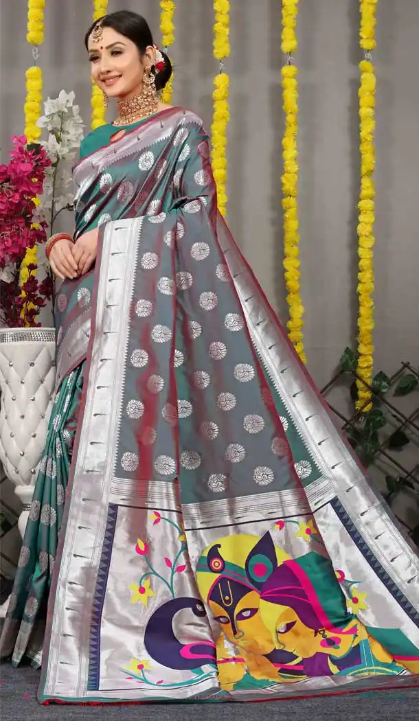 Traditional Function Wear Resham And Zari Work Banarasi Silk Saree In Rama Green - 7155174599