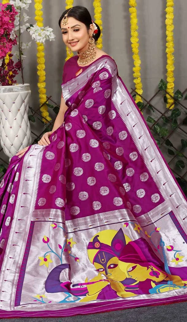 Traditional Function Wear Resham And Zari Work Banarasi Silk Saree In Purple - 7155174600