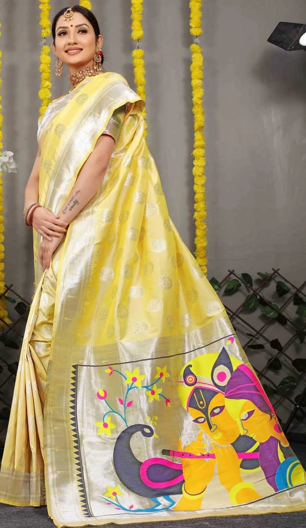 Traditional Function Wear Resham And Zari Work Banarasi Silk Saree In Light Yellow- 7155174601