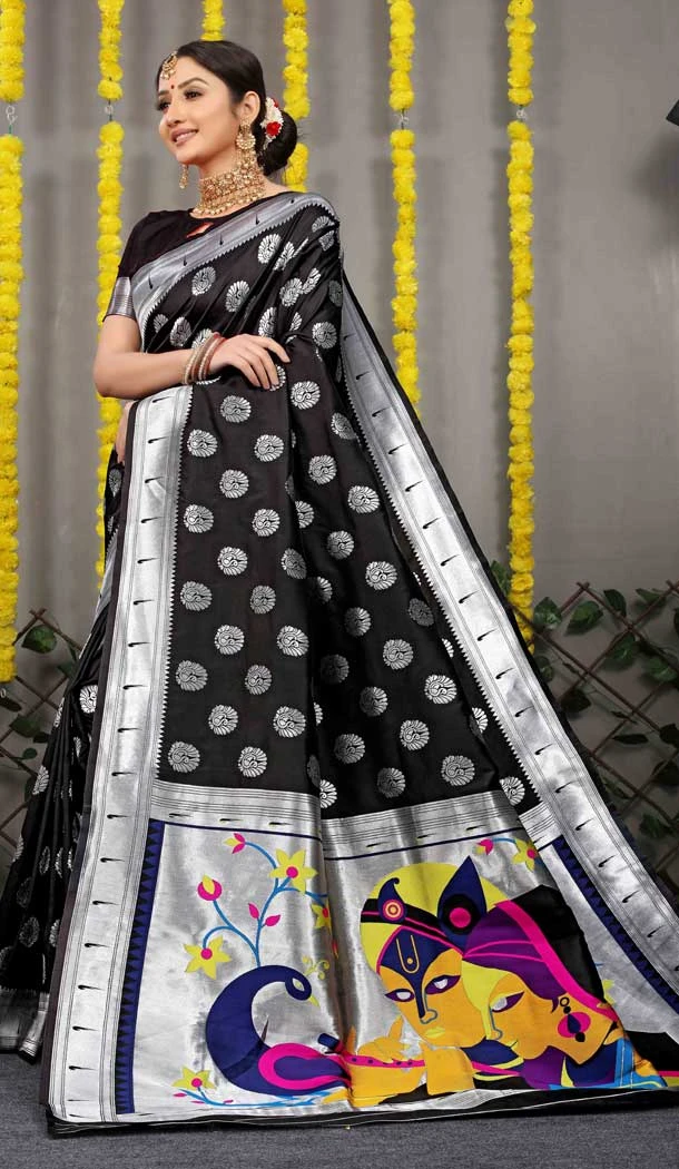 Traditional Function Wear Resham And Zari Work Banarasi Silk Saree In Black - 7155174602