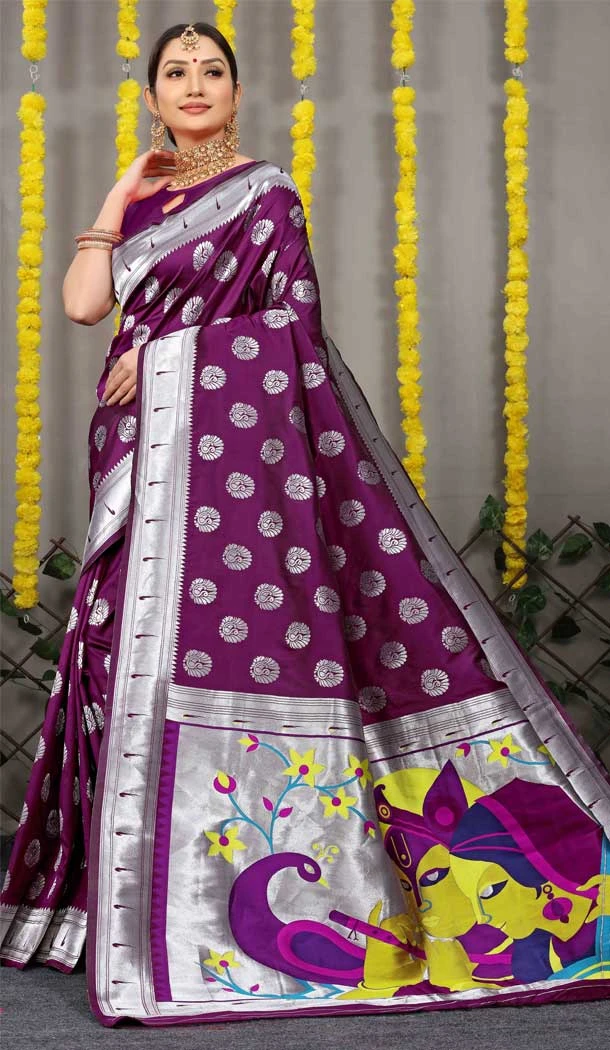 Traditional Function Wear Resham And Zari Work Banarasi Silk Saree In Wine - 7155174603