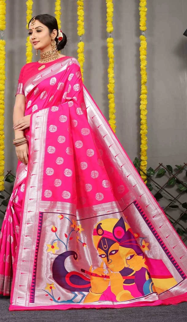 Traditional Function Wear Resham And Zari Work Banarasi Silk Saree In Pink - 7155174604
