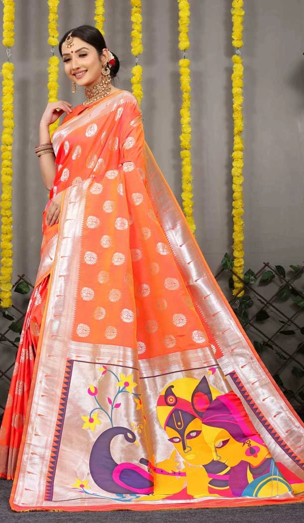 Traditional Function Wear Resham And Zari Work Banarasi Silk Saree In Orange - 7155174605