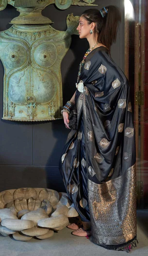 Black Color Nylon Pure Weaving Jacquard Work Traditional Party Wear Saree - 7170174685