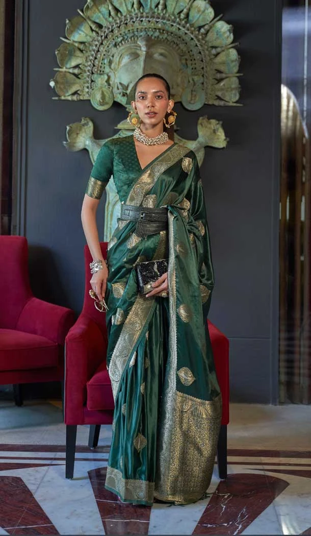 Green Color Nylon Pure Weaving Jacquard Work Traditional Party Wear Saree - 7170174688