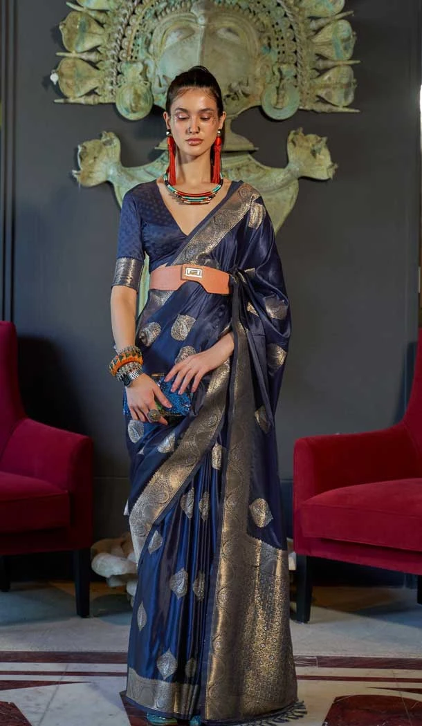 Navy Blue Color Nylon Pure Weaving Jacquard Work Traditional Party Wear Saree - 7170174689