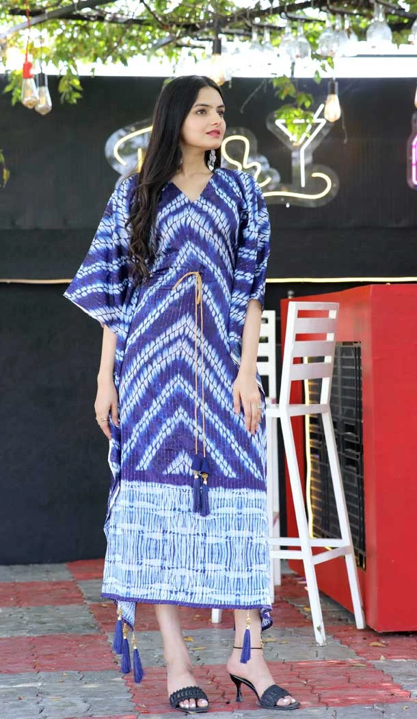 Festival Wear Chinon Crochet Digital Print Work Readymade Kaftan In Blue - 7172174692