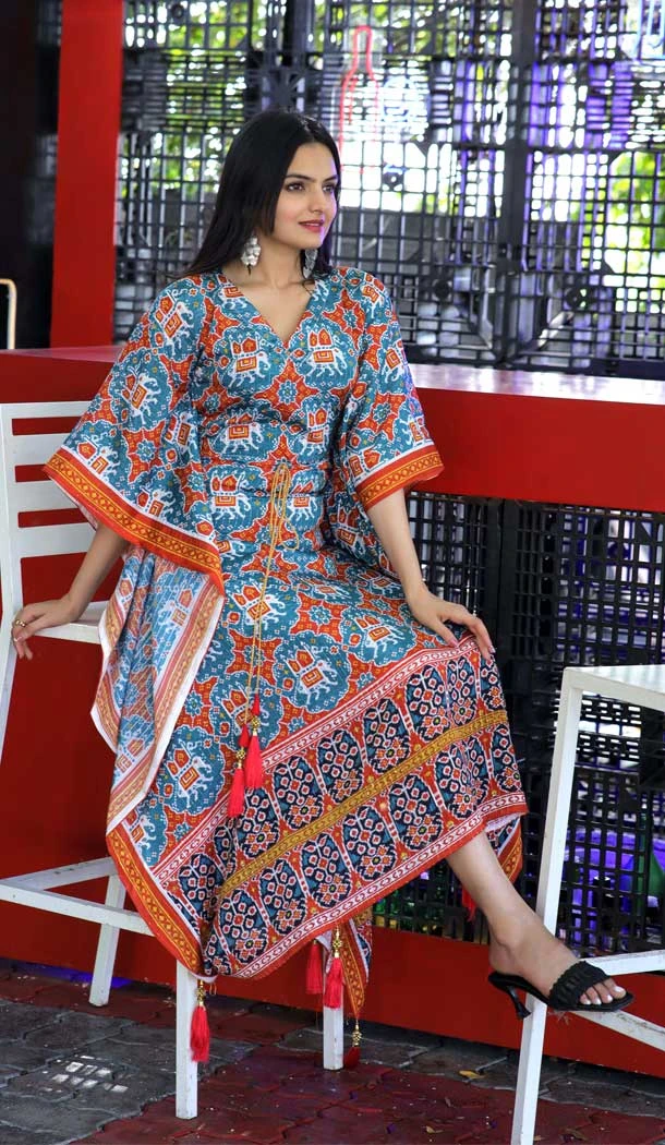 Festival Wear Chinon Crochet Digital Print Work Readymade Kaftan In Teal Blue - 7172174693