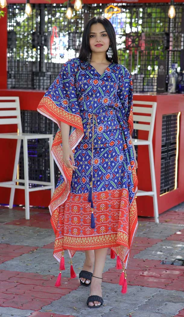 Chinon Crochet Festival Wear Digital Print Work Readymade Kaftan In Blue - 7172174695