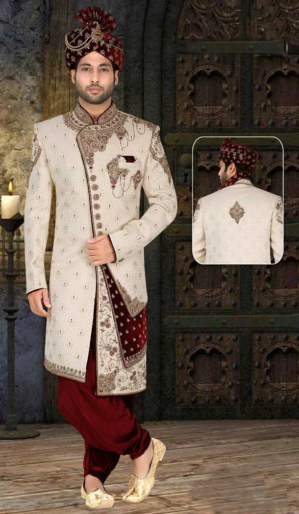 Banarasi Jacquard Cream Color Patch work Bridal Groom Wedding Wear Men Sherwani -7917179016