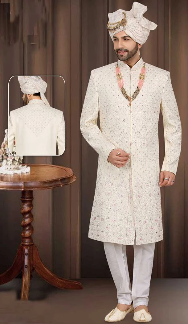 Elevate Your Wedding Style with Exquisite Off White Banarasi Jacquard Plus Size Sherwani for Men -7917179020