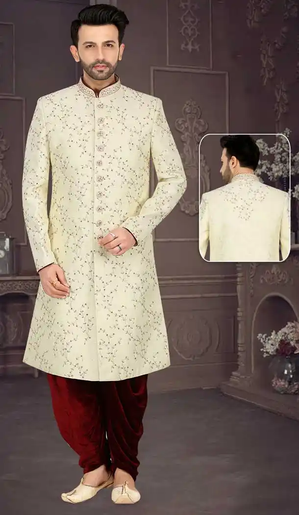 Achieve Unforgettable Elegance Crowd with Ethnic Cream Banarasi Jacquard Plus Size Sherwani for Men -7917179022