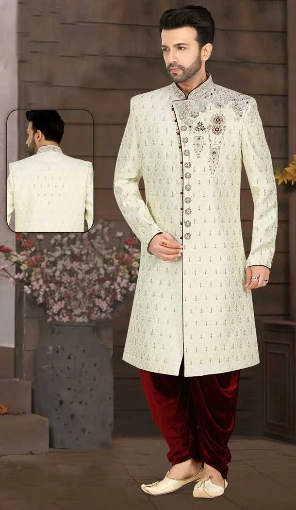 Elevate your Groom Attire with our Ethnic Cream Plus Size Banarasi Jacquard Wedding Sherwani for Men -7917179028