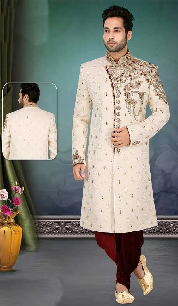 Unforgettable Moments in our Ethnic Cream Banarasi Jacquard Plus Size Wedding Sherwani for Men -7917179029