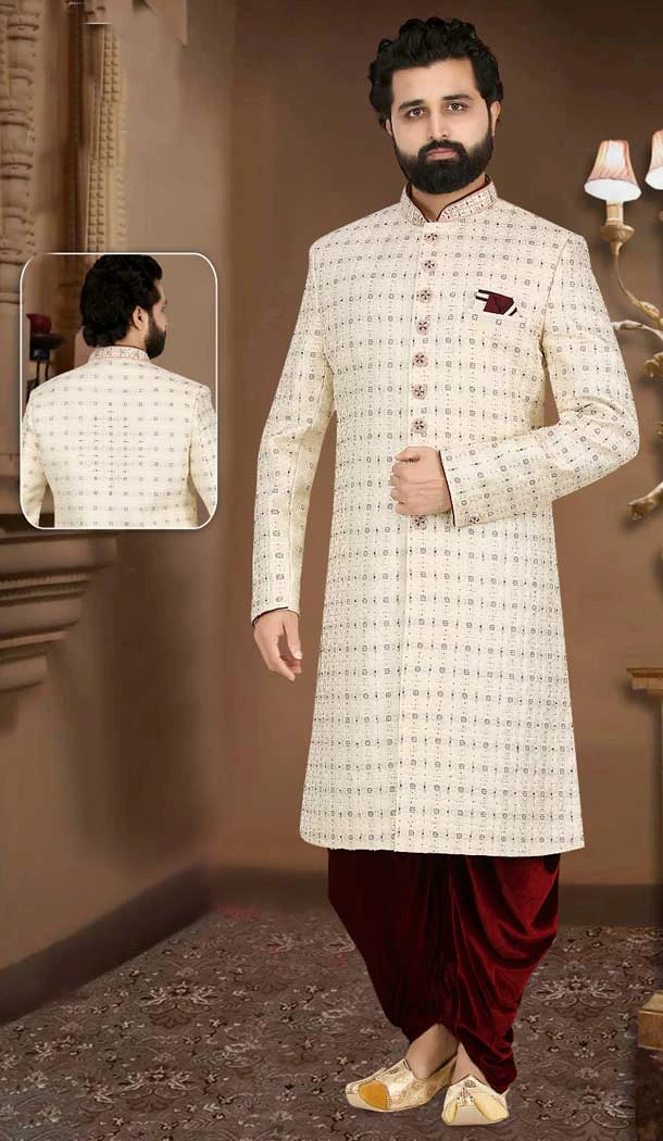 Charm on Your Big Day with our Suave Ethnic Cream Plus Size Banarasi Jacquard Sherwani for Men -7917179031