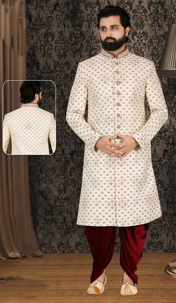 Class and Elegance in Our Ethnic Banarasi Jacquard Cream Plus Size Wedding Sherwani for Men -7917179032