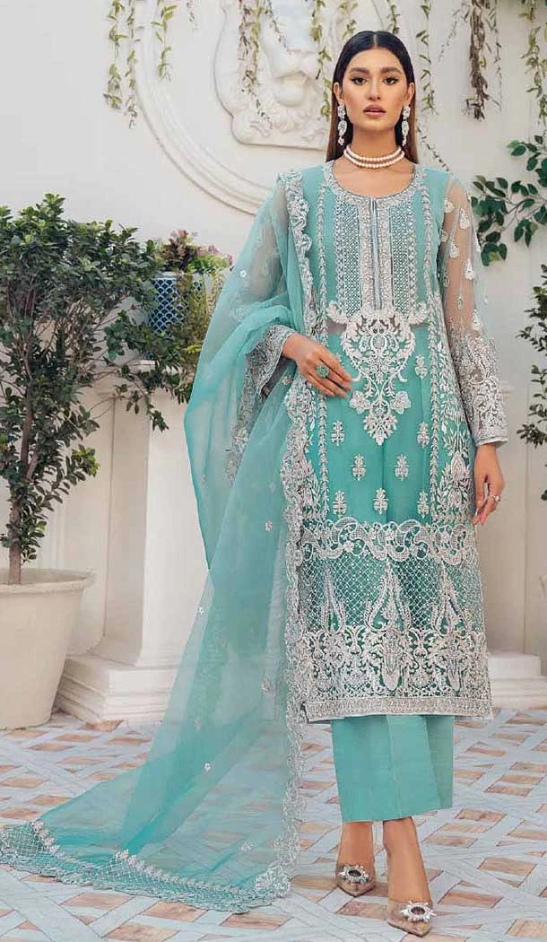 Party Wear Organza Silk Embroidery Work Sky Color Pakistani Salwar Suit - 7191174789