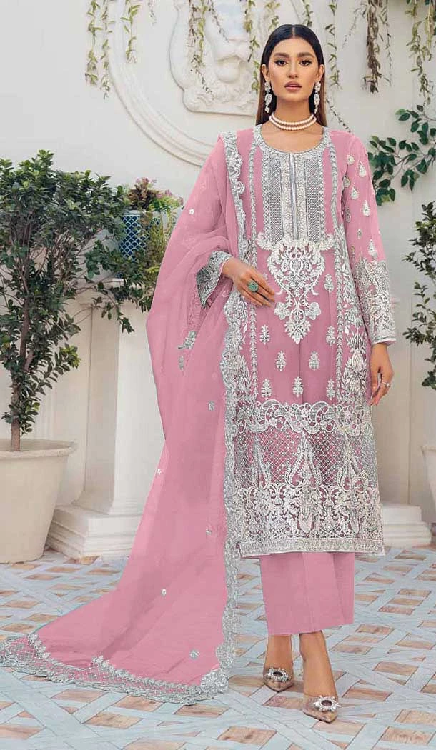 Party Wear Organza Silk Embroidery Work Pink Color Pakistani Salwar Suit - 7191174790