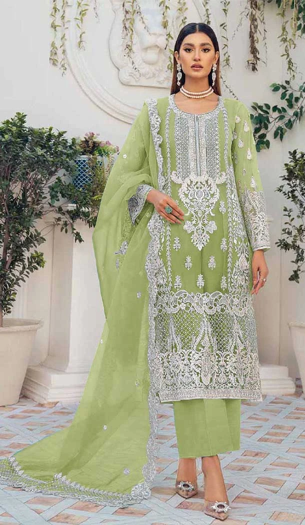 Party Wear Organza Silk Embroidery Work Green Color Pakistani Salwar Suit - 7191174791