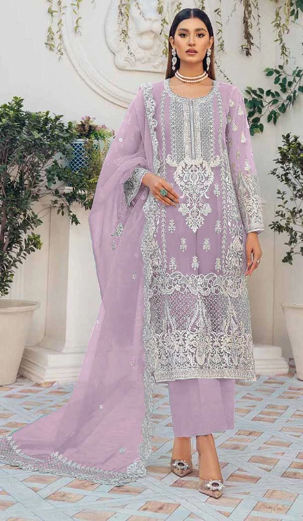 Party Wear Organza Silk Embroidery Work Lavender Color Pakistani Salwar Suit - 7191174792