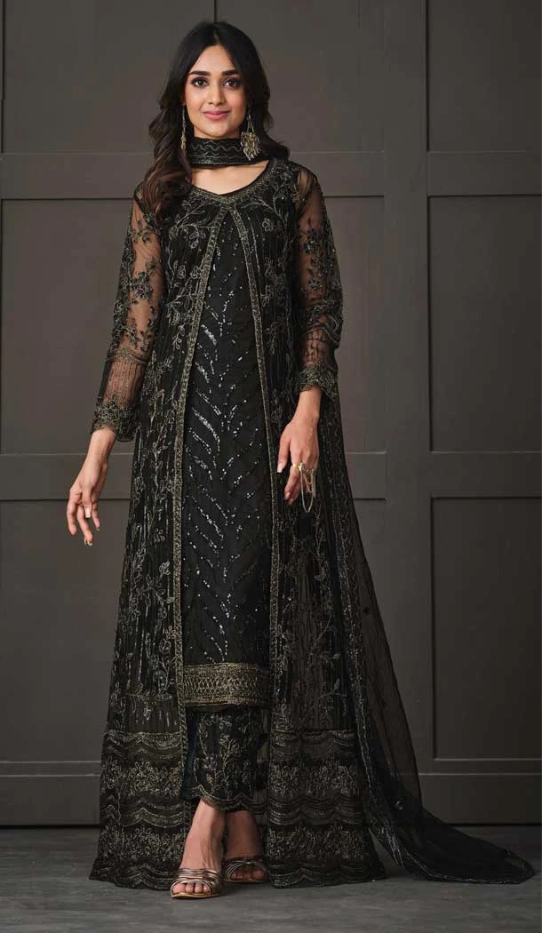 Black Color Net Embroidery Work Traditional Party Wear Salwar Kameez - 7192174793